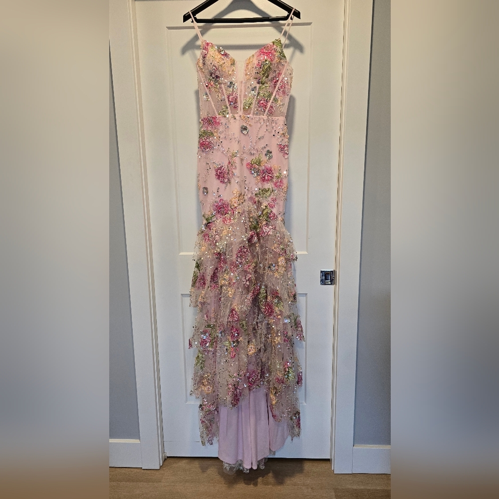 Jovani Pink Floral Sequin Embroidered Tiered Prom Gown
